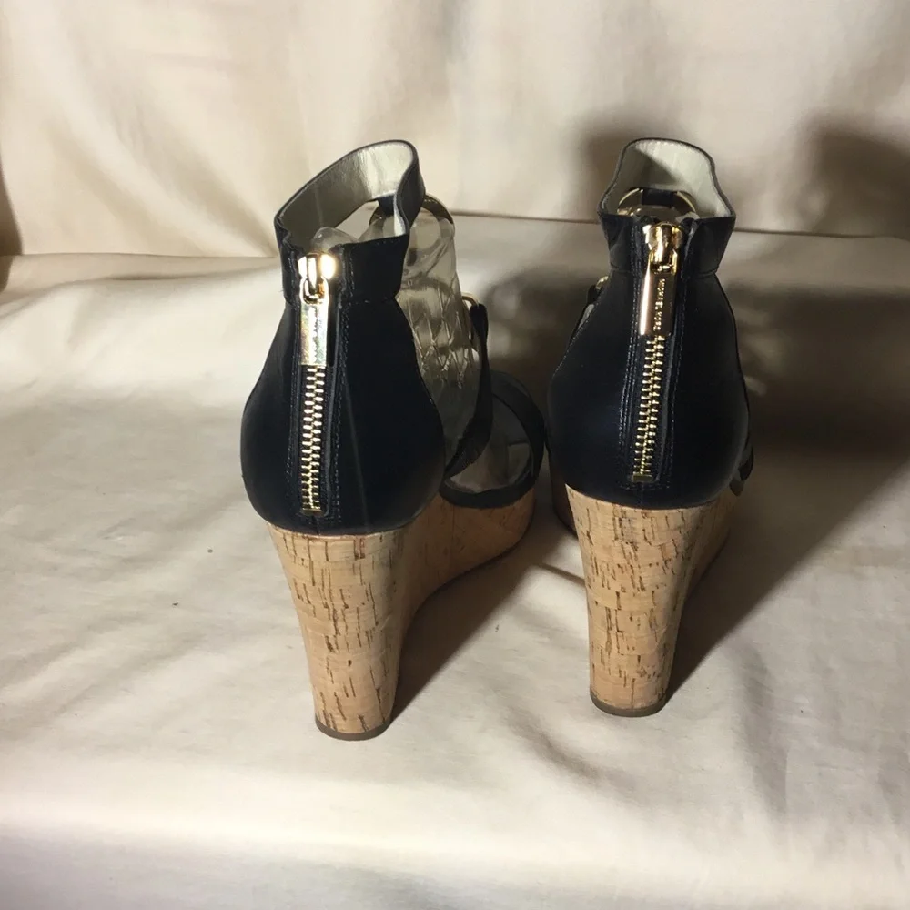 Michael Kors Black Leather Cork Wedge Sandals with Gold MK Accent